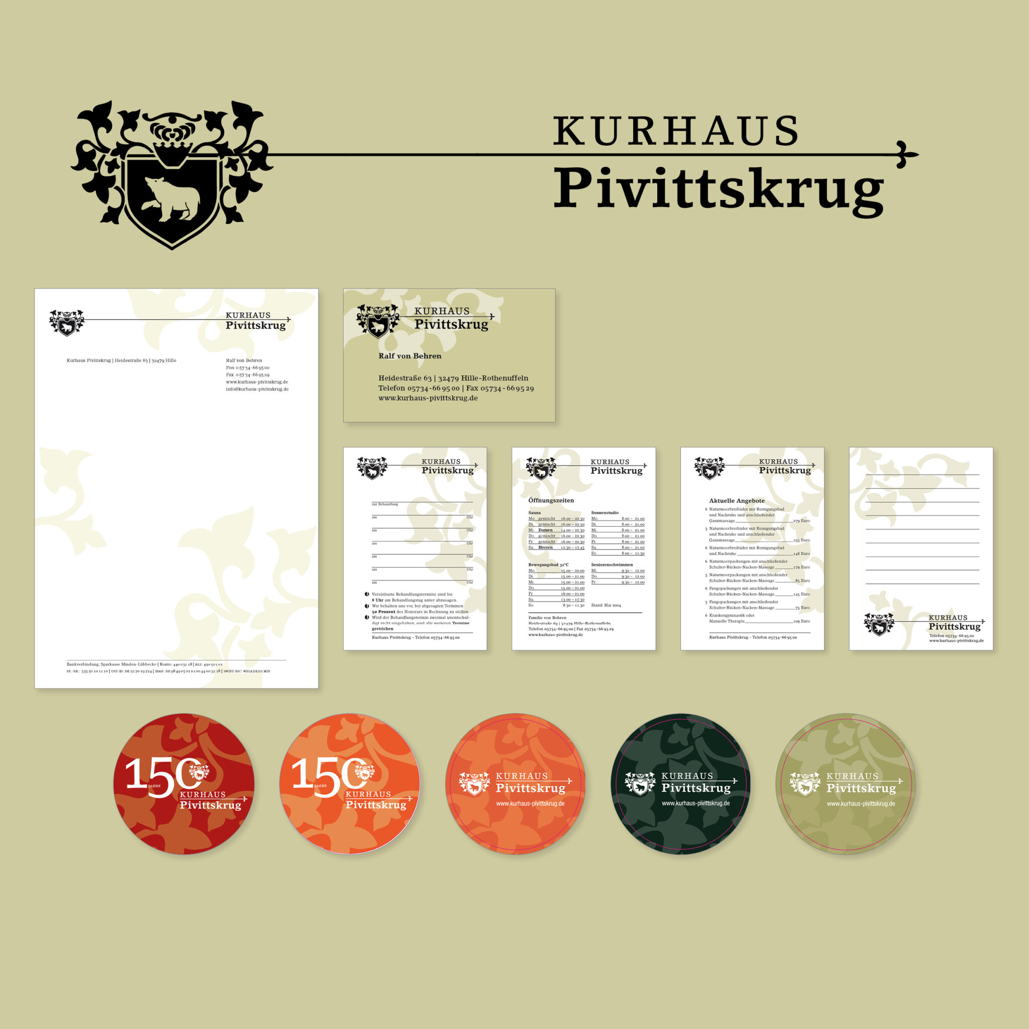 Kurhaus Pivittskrug: Logo, Briefbogen, verschiedene Infozettel und das Layout für Bierdeckel und Geschenkaufkleber