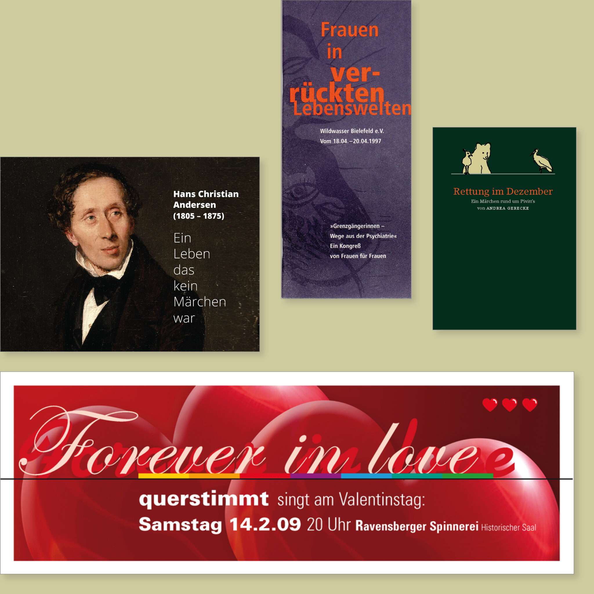 Präsentation für einen Vortrag über Christian Anderson, Layout Veranstaltungsflyer „Frauen in verrückten Lebenswelten“, Weihnachtsmärchen rund um das Kurhaus Pivittskrug und Plakat für ein Chor-Konzert