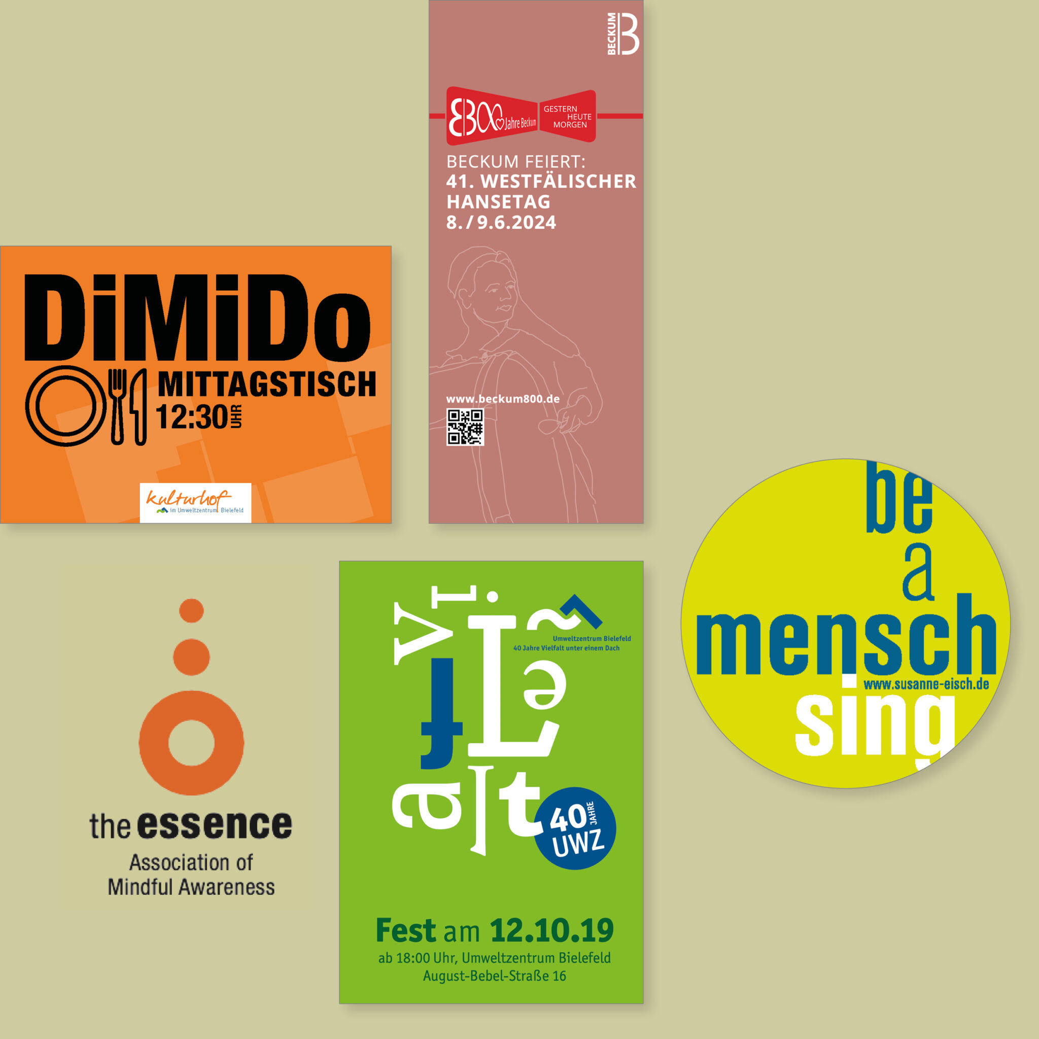 Werbepostkarte kulturhof im Umweltzentrum Bielefeld, Roll up rund um das Jubiläum „800 Jahre Beckum“, Veranstaltungsplakat „Vielfalt – 40 Jahre UWZ, Aufkleber „be a mensch“