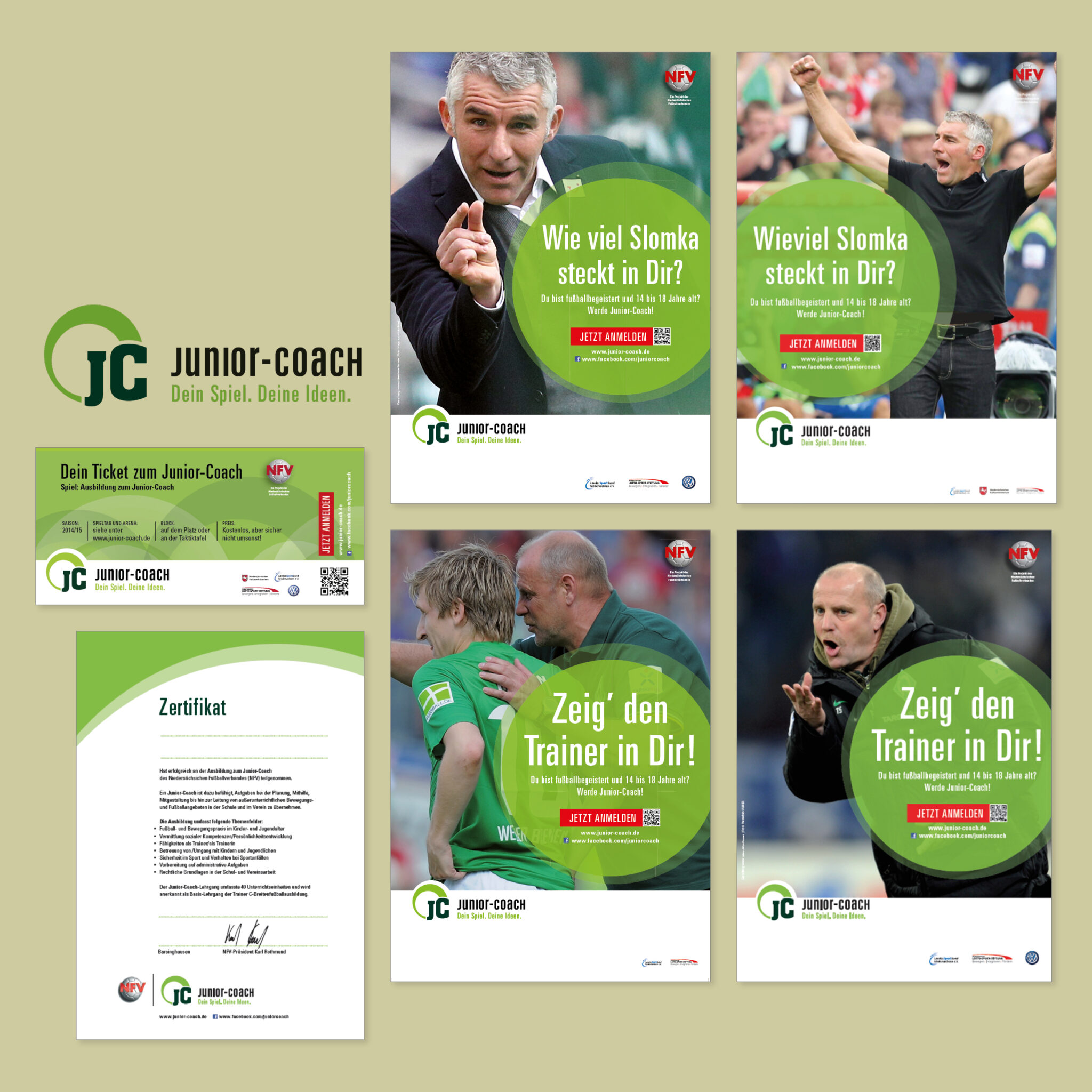 Logo, „Ticket“, Zertifikat und vier Plakate für das Projekt Junior-Coach des NFV