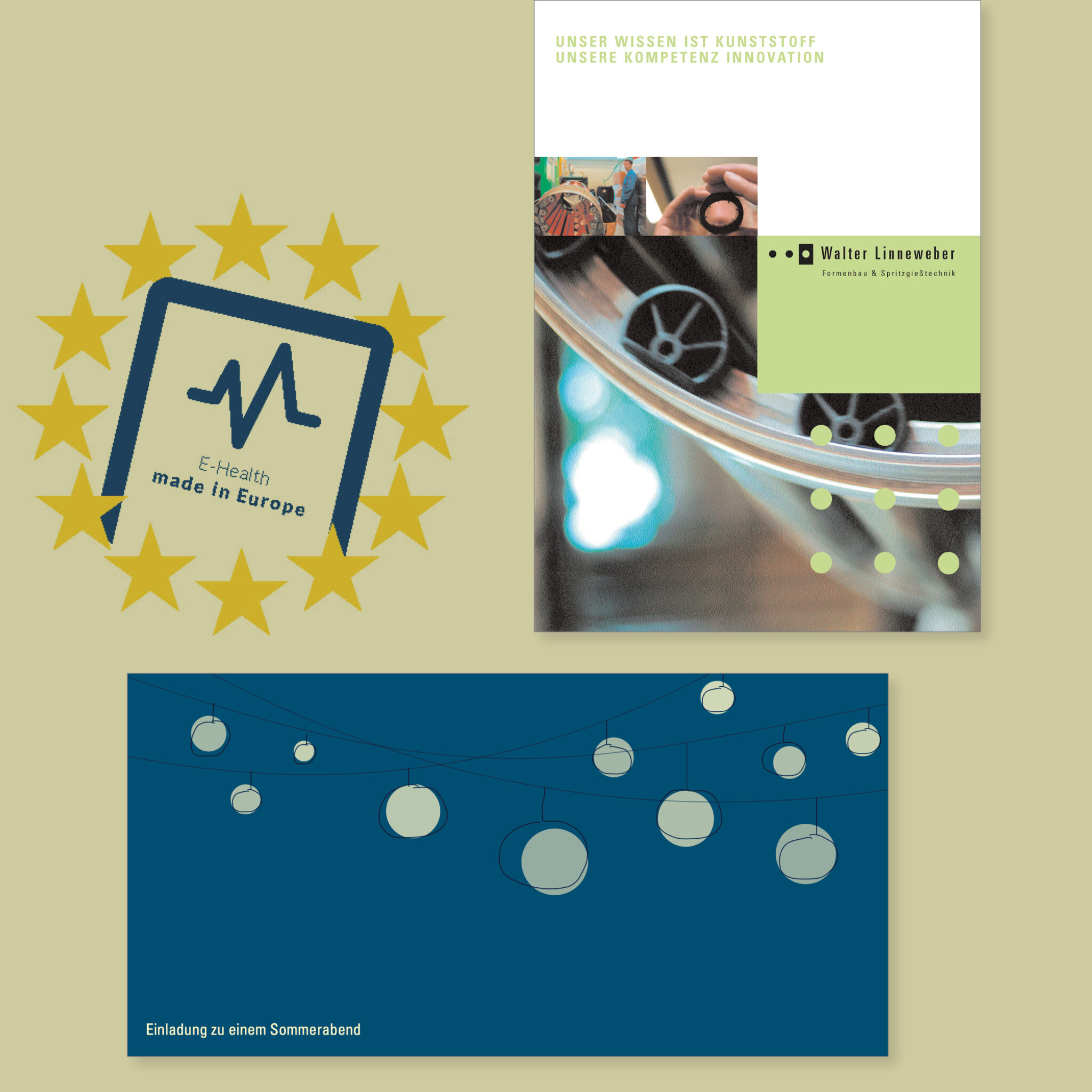Illustration für die Publikation „E-Health made in Europe“, Titelseite der Imagebroschüre für die Walter Linnenweber GmbH und Einladungskarte für einen Sommerabend